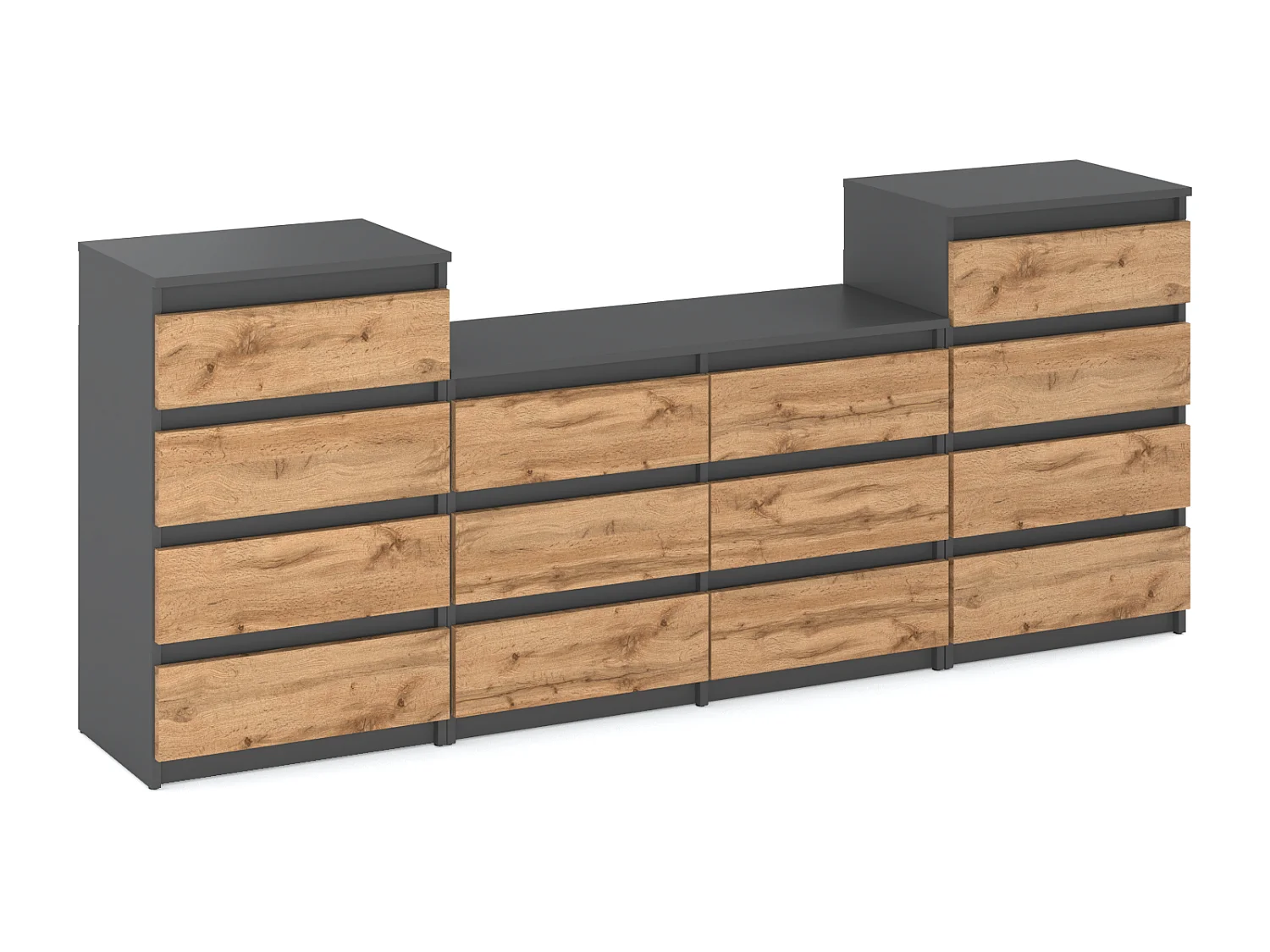 Duża Komoda z 14 Szufladami 220 CM Szafka Rtv Szary Mat Dąb Wotan Meble Do Salonu Sypialni