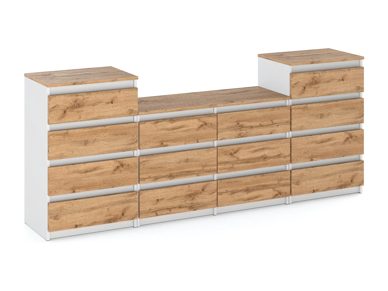 Duża Komoda z 14 Szufladami 220 CM Szafka Rtv Biały Mat Dąb Wotan Meble Do Salonu Sypialni
