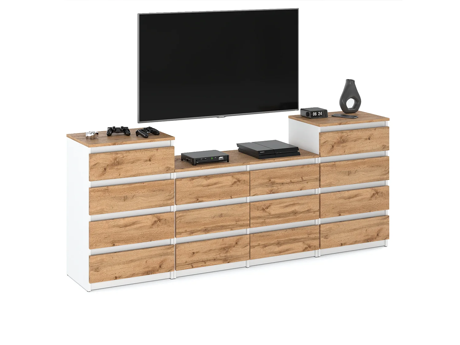 Duża Komoda z 14 Szufladami 220 CM Szafka Rtv Biały Mat Dąb Wotan Meble Do Salonu Sypialni