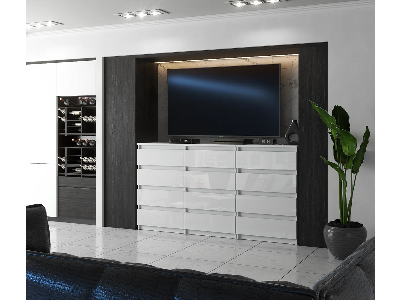 Duża Komoda z 12 Szufladami 180 CM Szafka Rtv Biały Mat Biały Połysk Meble Do Salonu Sypialni