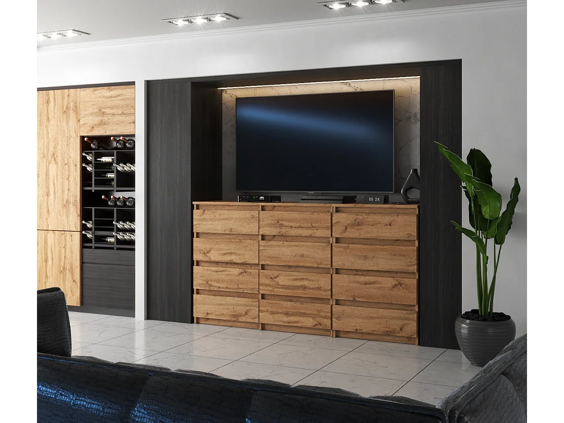 Duża Komoda z 12 Szufladami 180 CM Szafka Rtv Dąb Wotan Meble Do Salonu Sypialni