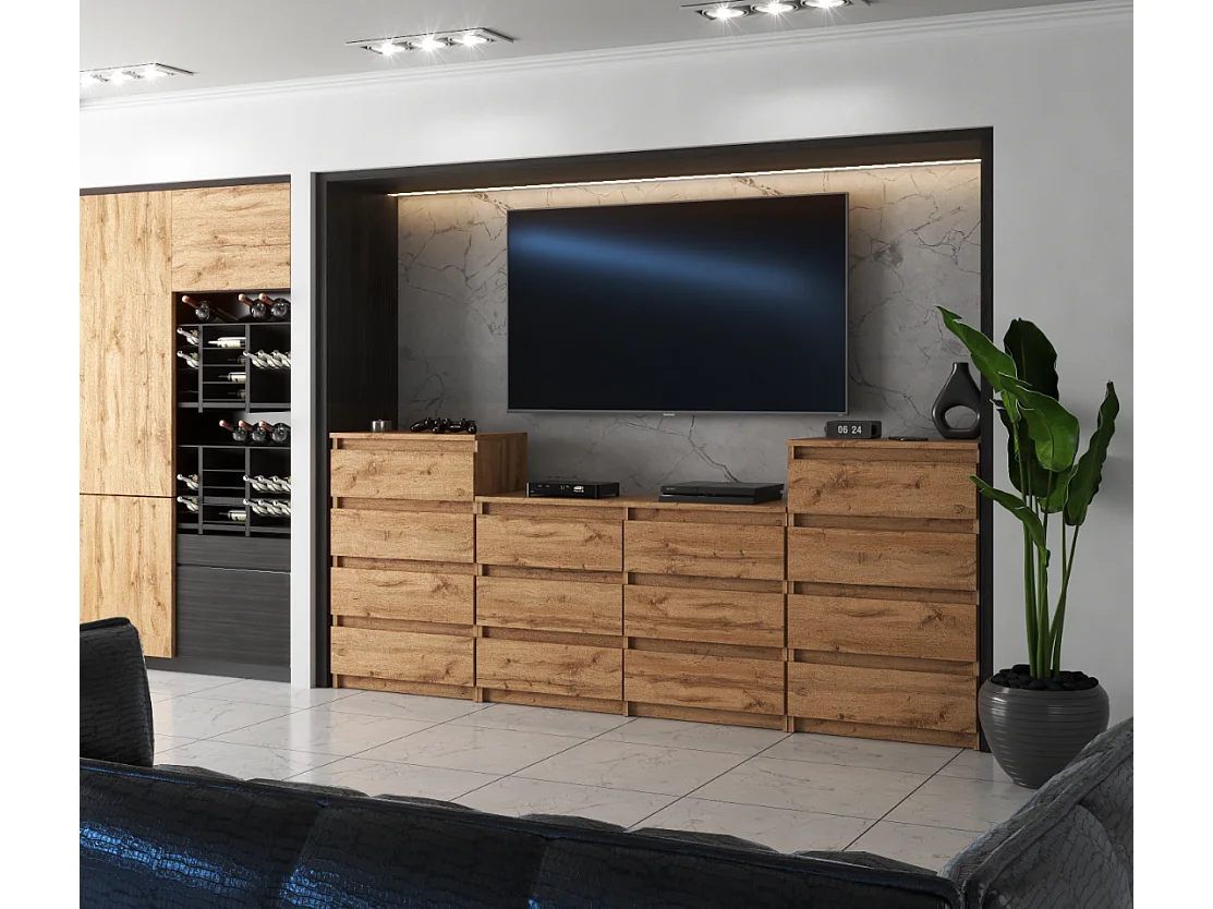 Duża Komoda z 14 Szufladami 220 CM Szafka Rtv Dąb Wotan Meble Do Salonu Sypialni