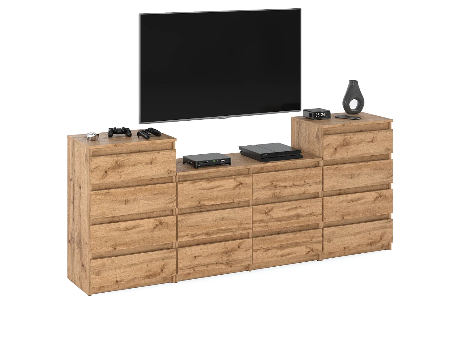 Duża Komoda z 14 Szufladami 220 CM Szafka Rtv Dąb Wotan Meble Do Salonu Sypialni