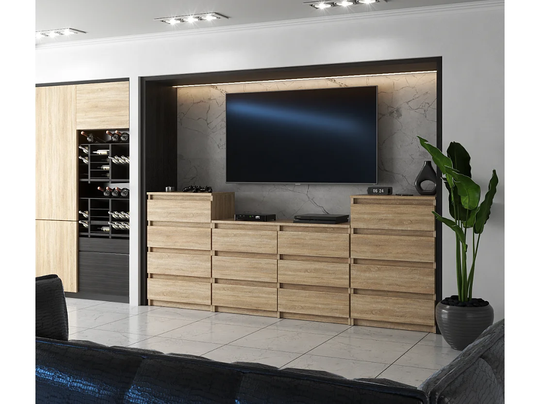 Duża Komoda z 14 Szufladami 220 CM Szafka Rtv Dąb Sonoma Meble Do Salonu Sypialni