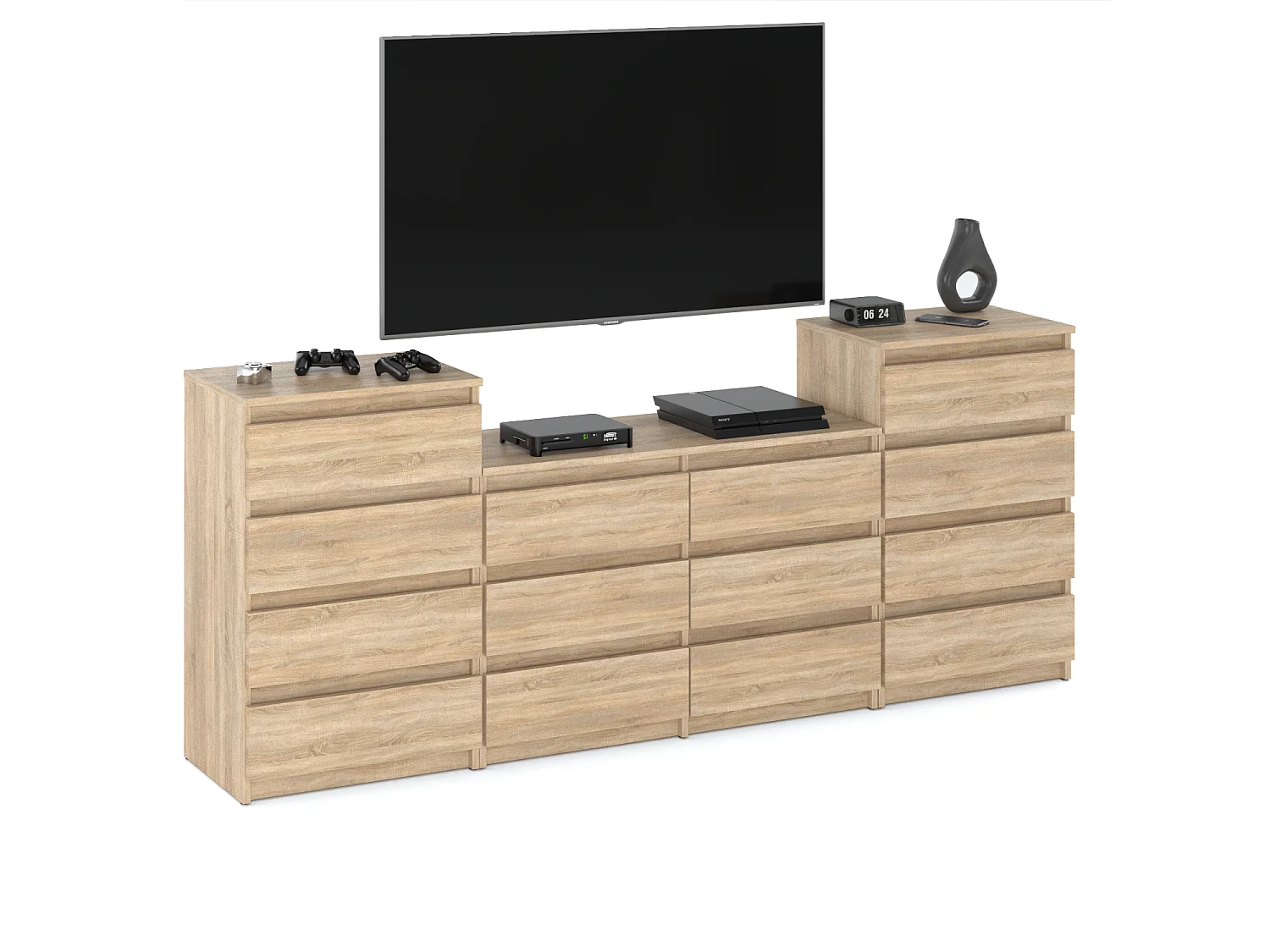 Duża Komoda z 14 Szufladami 220 CM Szafka Rtv Dąb Sonoma Meble Do Salonu Sypialni