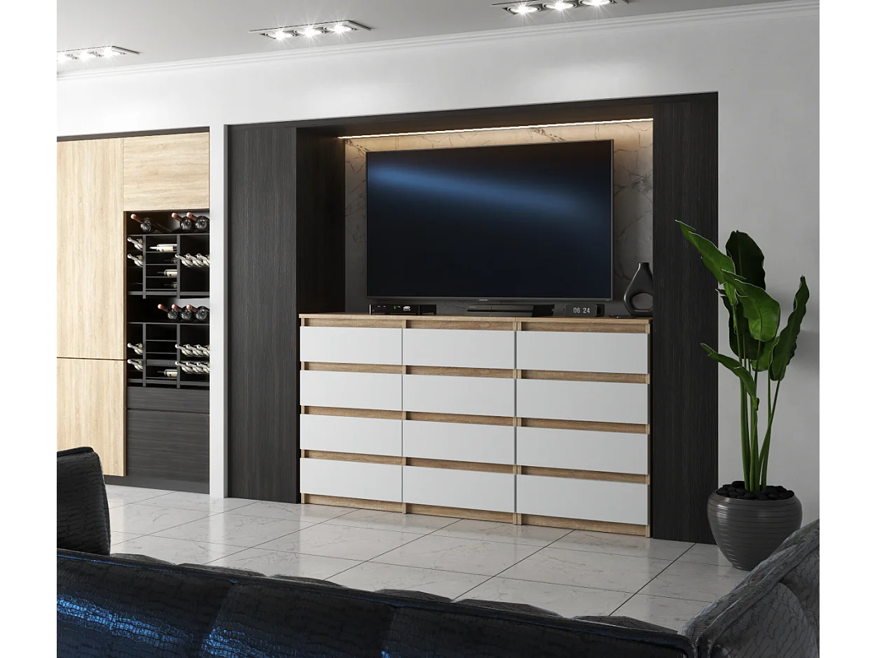 Duża Komoda z 12 Szufladami 180 CM Szafka Rtv Dąb Sonoma Biały Mat Meble Do Salonu Sypialni