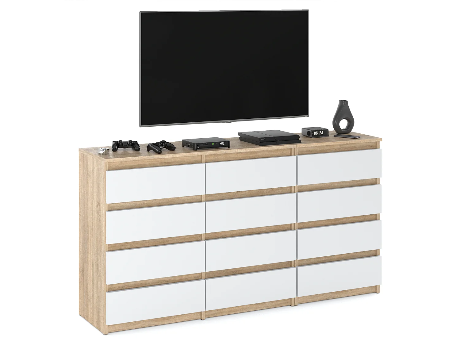 Duża Komoda z 12 Szufladami 180 CM Szafka Rtv Dąb Sonoma Biały Mat Meble Do Salonu Sypialni