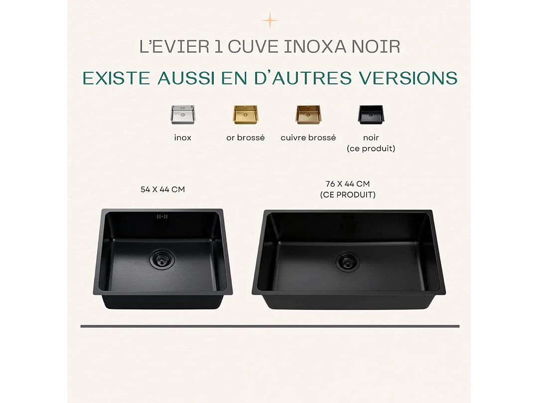 Inoxa évier 1 grande cuve seule 76x44 en inox noir - Essebagno