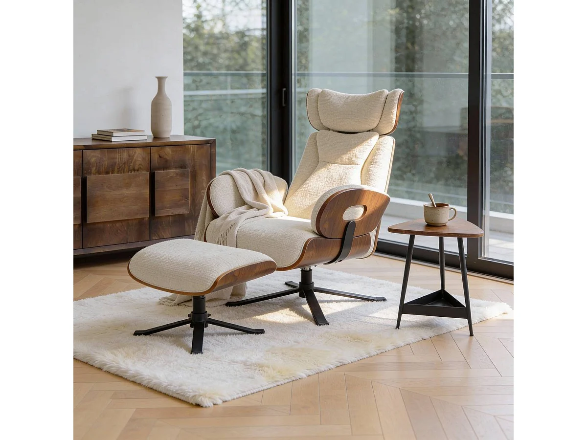 Fauteuil avec repose-pieds en tissu écru et bois foncé Elowen