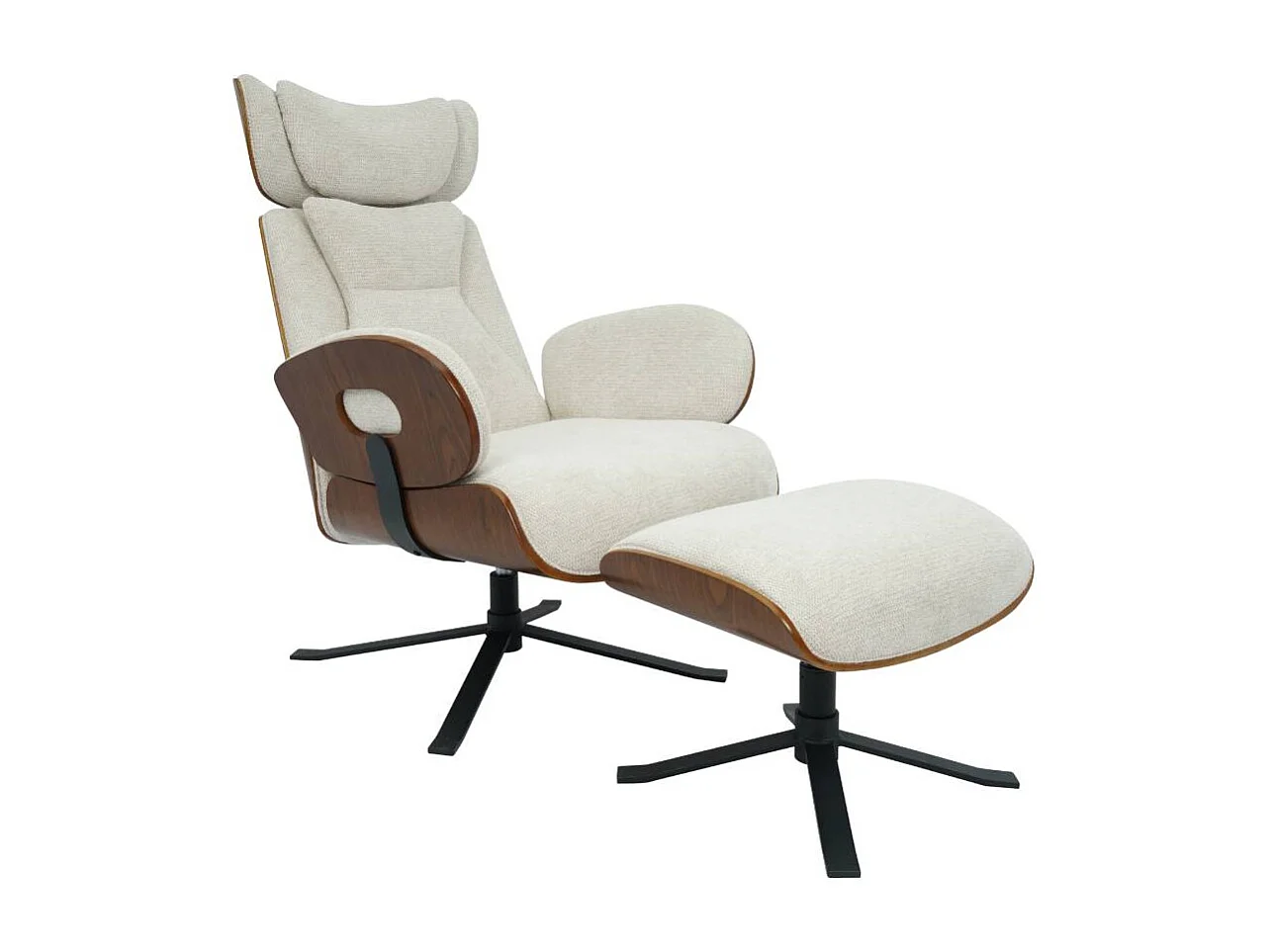 Fauteuil avec repose-pieds en tissu écru et bois foncé Elowen