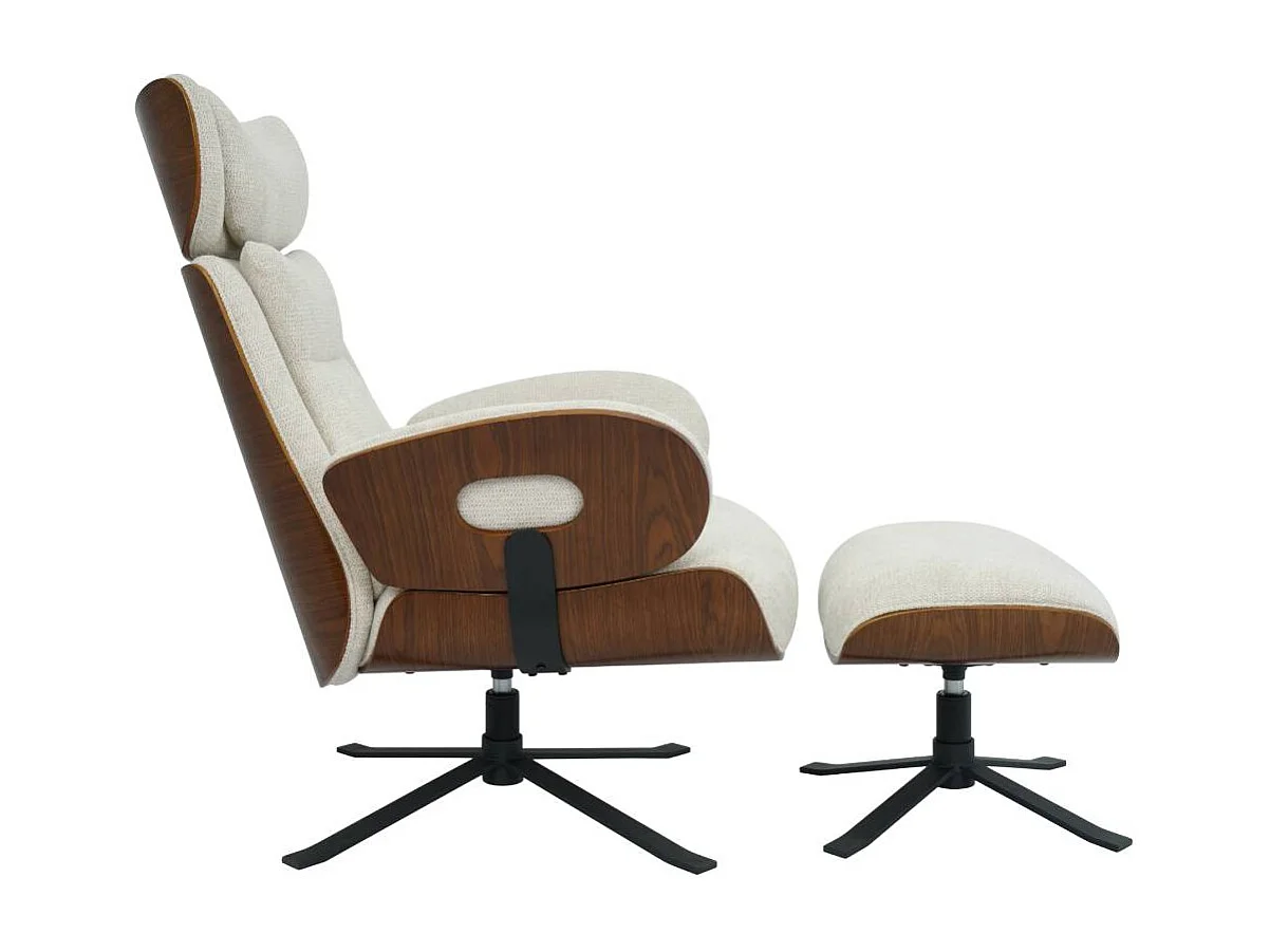 Fauteuil avec repose-pieds en tissu écru et bois foncé Elowen