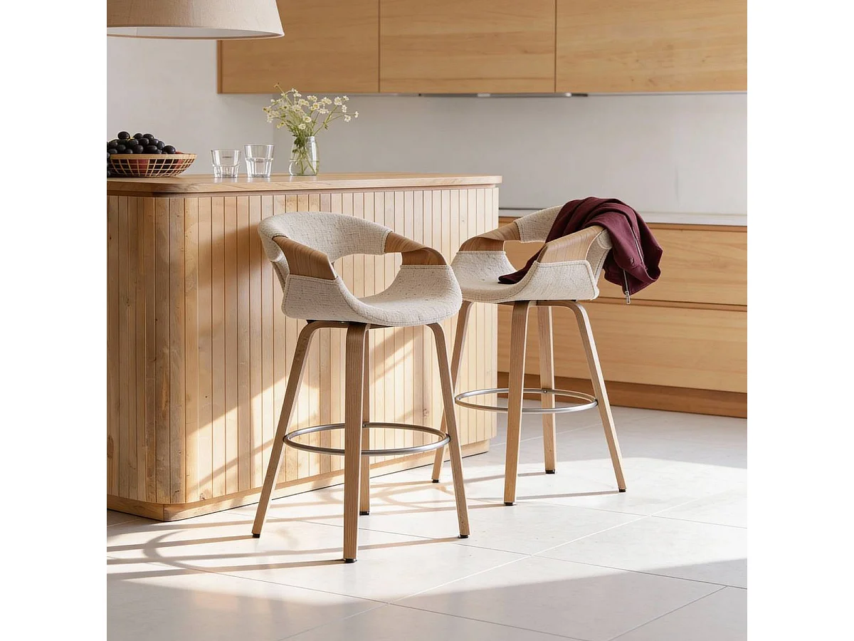 Taburete de bar de madera de abeto y tejido crudo Miriya (lote de 2)