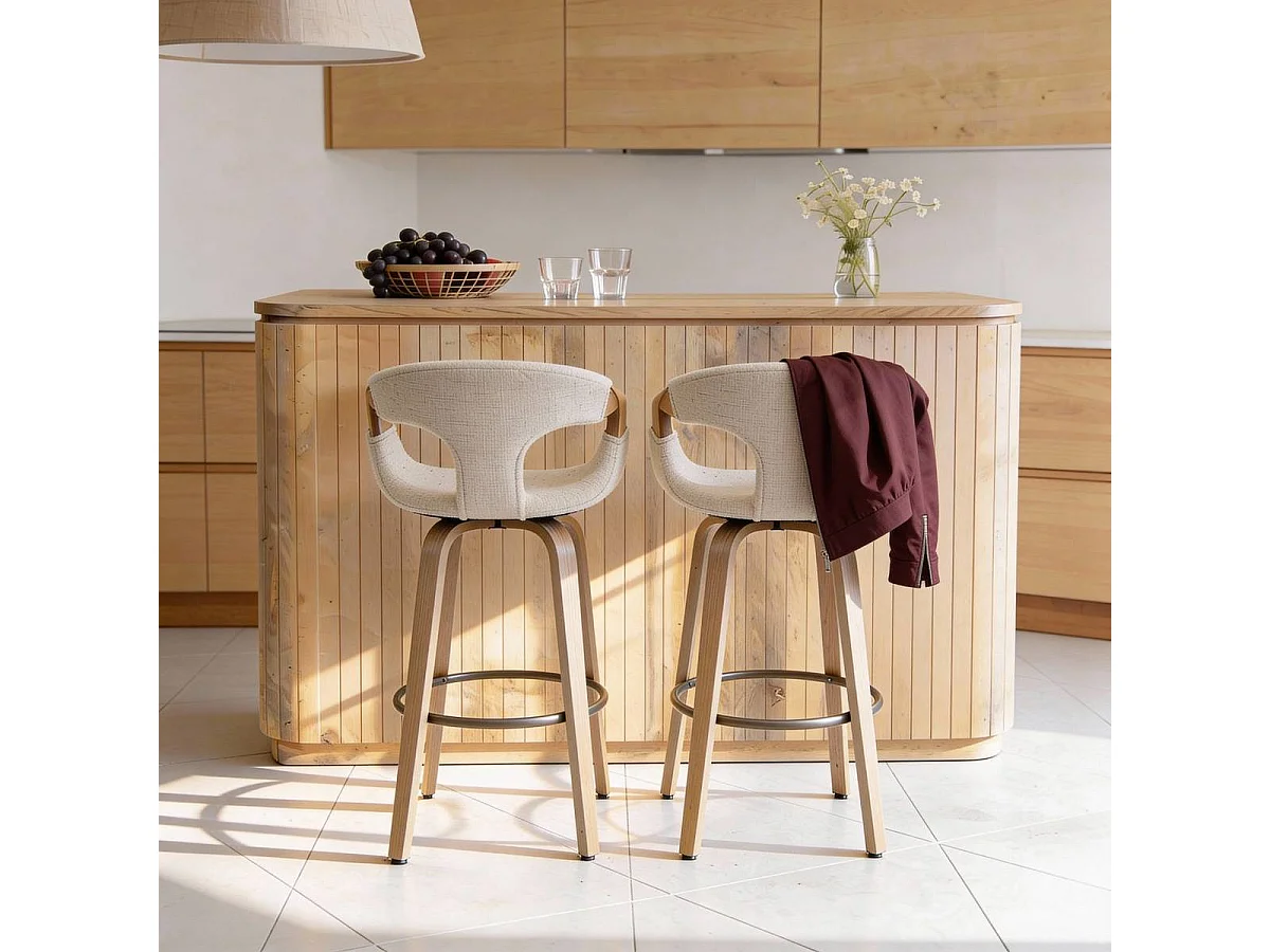Taburete de bar de madera de abeto y tejido crudo Miriya (lote de 2)