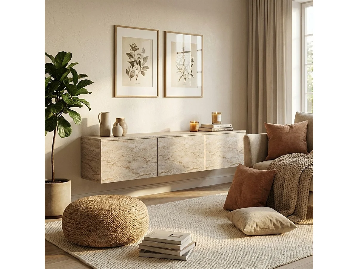 TV-Ständer – 160 cm x 35 cm x 32 cm – Farbe Travertin – Melaminbeschichtete Spanplatte