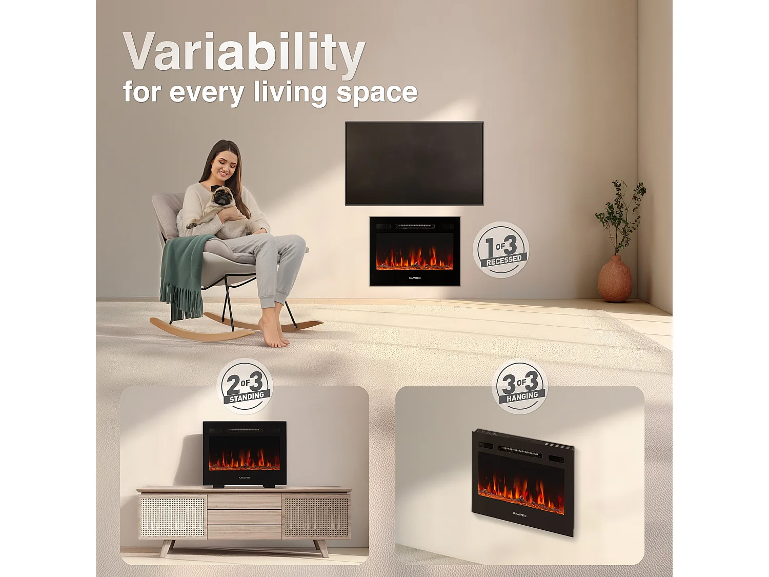 KAMINIO Elektrokamin MARLON - Elektrischer 3-in-1 Kamin mit Heizung, 3D-Flammeneffekt, 12 Flammenfarben, Fernbedienung - 36 Zoll