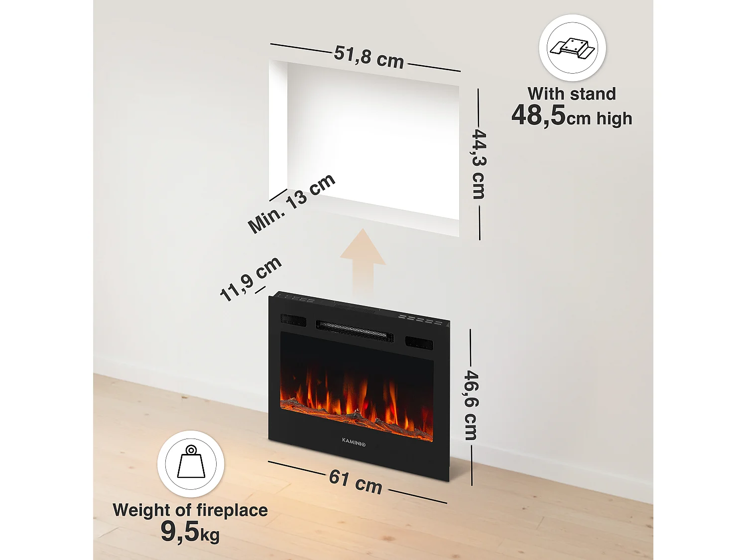 KAMINIO Elektrokamin MARLON - Elektrischer 3-in-1 Kamin mit Heizung, 3D-Flammeneffekt, 12 Flammenfarben, Fernbedienung - 36 Zoll