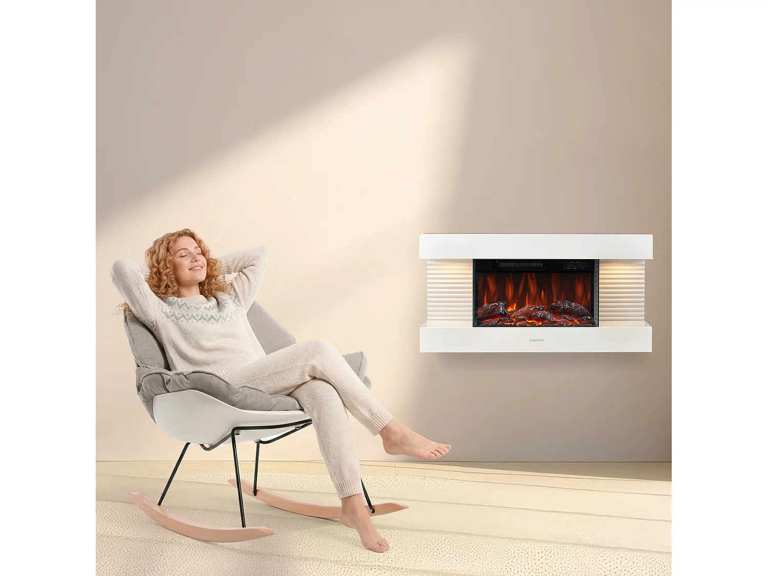 KAMINIO Cheminée électrique LIZ - Cheminée murale avec chauffage, effet de Flamme 3D, lumière d'ambiance LED, télécommande - Blanc