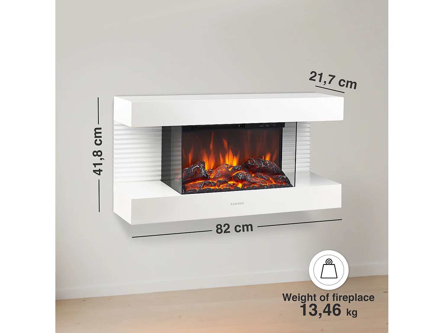 KAMINIO Cheminée électrique LIZ - Cheminée murale avec chauffage, effet de Flamme 3D, lumière d'ambiance LED, télécommande - Blanc