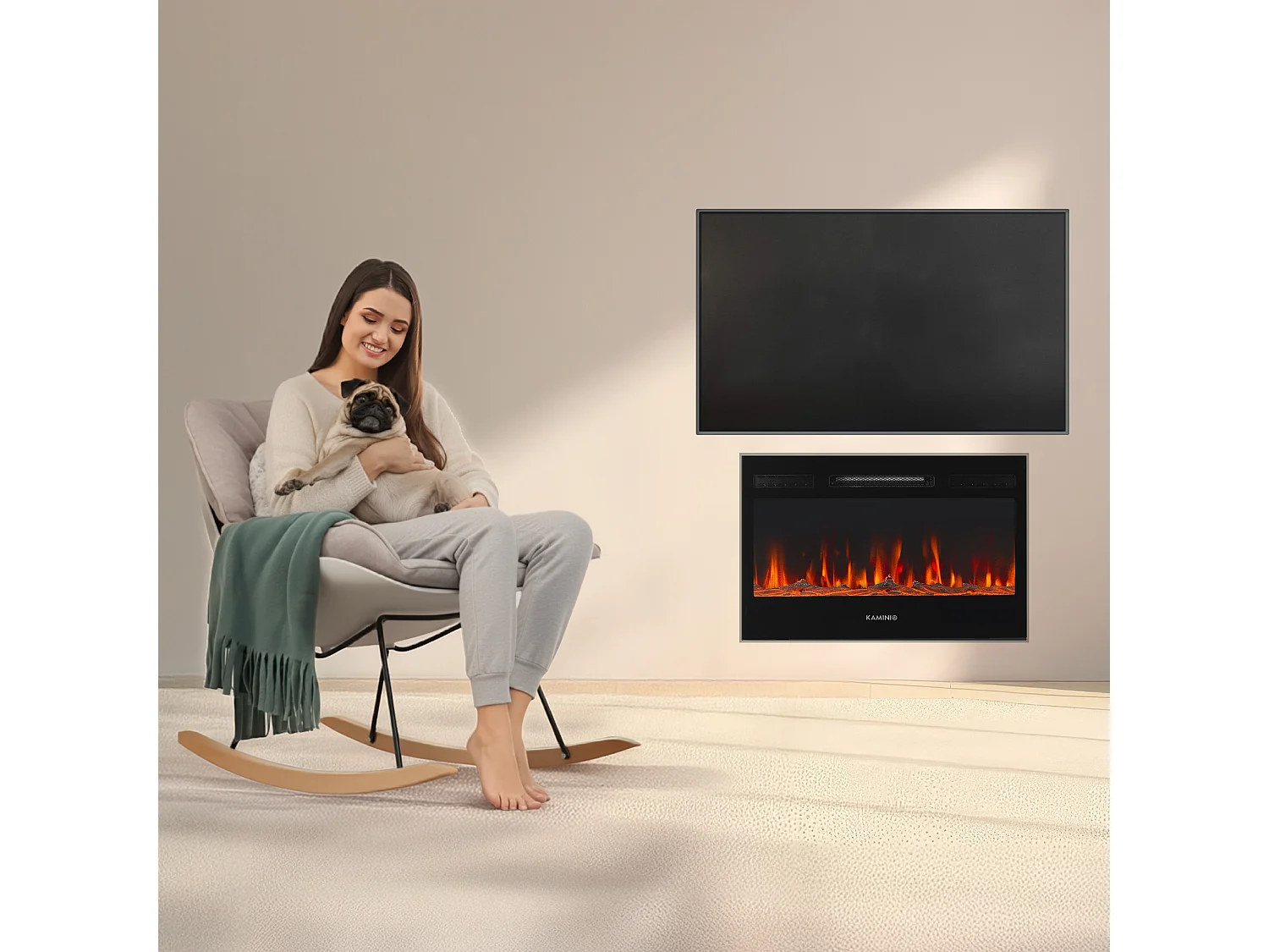 KAMINIO Camino elettrico MARLON - Camino elettrico 3 in 1 con riscaldatore, effetto fiamma 3D, 12 colori di fiamma, telecomando - 30 pollici