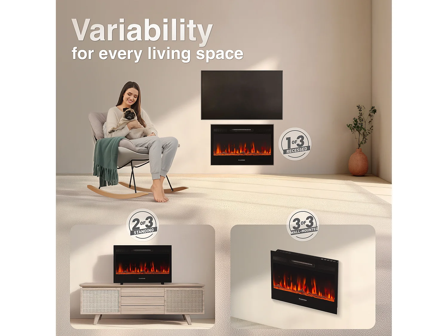 KAMINIO Camino elettrico MARLON - Camino elettrico 3 in 1 con riscaldatore, effetto fiamma 3D, 12 colori di fiamma, telecomando - 30 pollici
