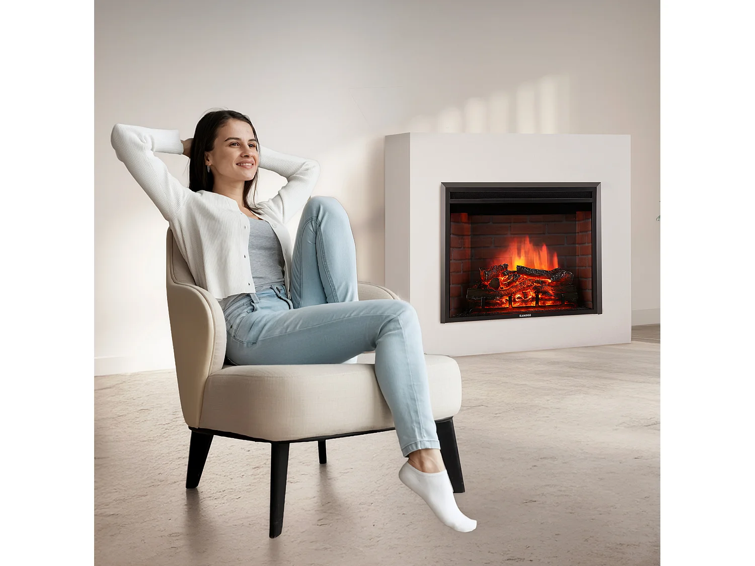 KAMINIO Cheminée électrique LUCA - Cheminée encastrable avec chauffage, effet de flamme 3D, 12 couleurs de flammes, télécommande - 23 pouces