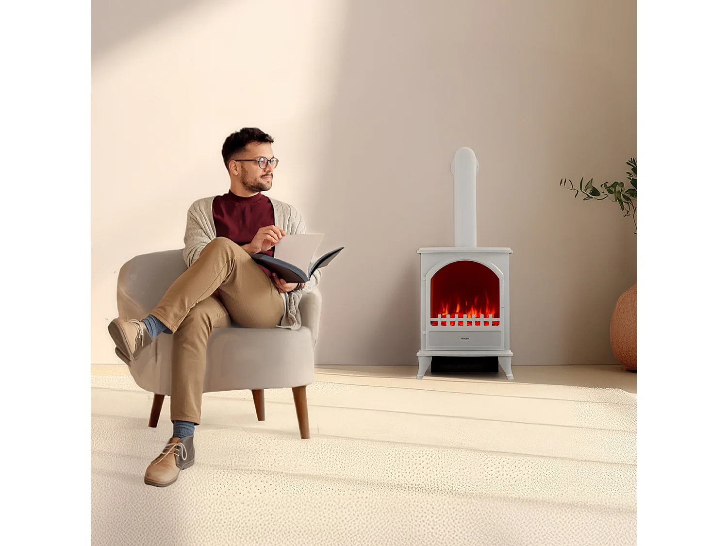 KAMINIO LENI elektrische haard met rookkanaal - Elektrische haard met verwarming, 3D-vlameffect - Wit
