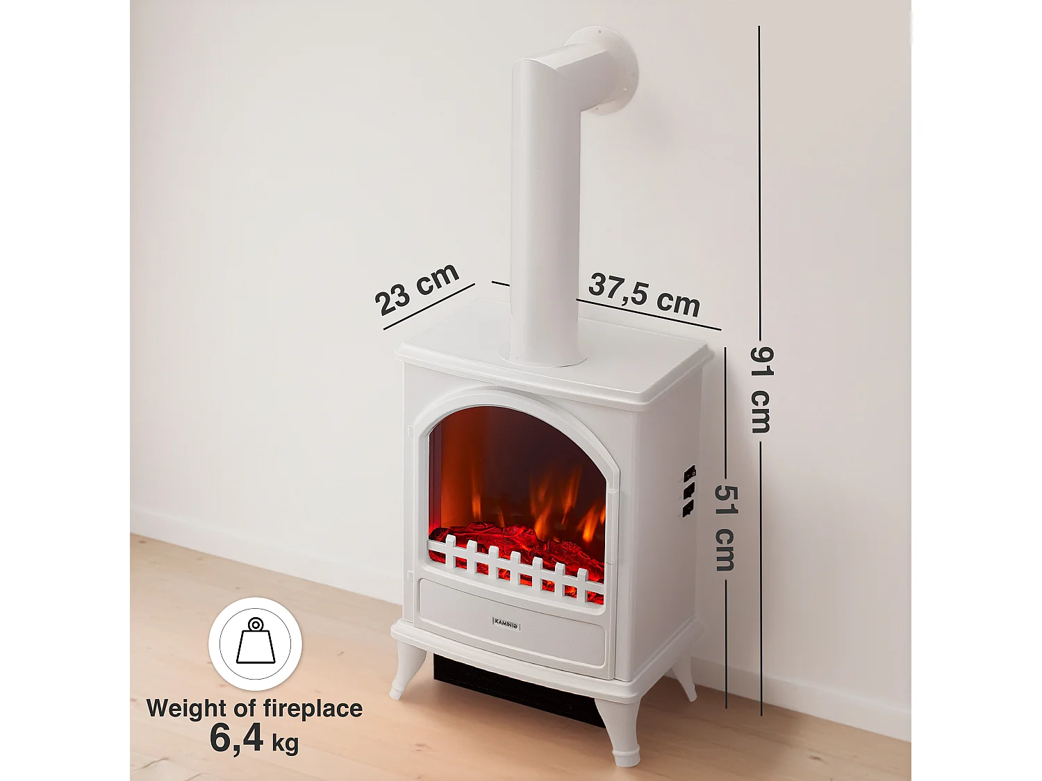 KAMINIO LENI elektrische haard met rookkanaal - Elektrische haard met verwarming, 3D-vlameffect - Wit