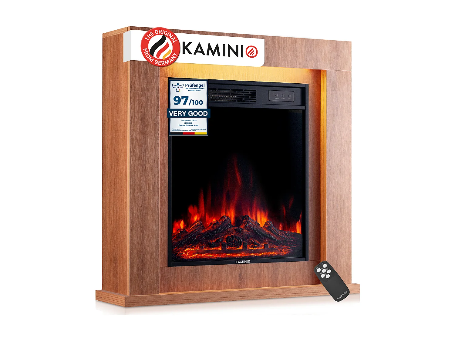 KAMINIO Elektrische haard MATTI – Elektrische staande haard met verwarmingsfunctie, 3D-vlammeffect, sfeerverlichting, afstandsbediening – 32 inch, Eiken