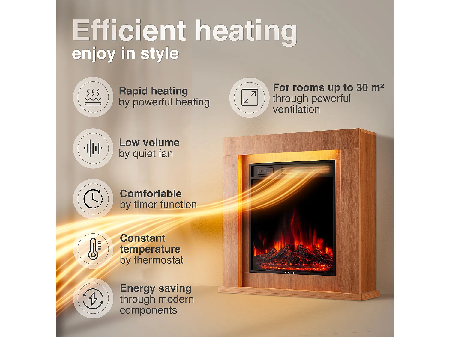 KAMINIO Elektrische haard MATTI – Elektrische staande haard met verwarmingsfunctie, 3D-vlammeffect, sfeerverlichting, afstandsbediening – 32 inch, Eiken