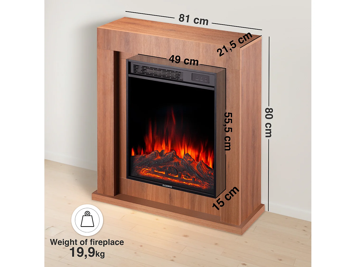 KAMINIO Elektrische haard MATTI – Elektrische staande haard met verwarmingsfunctie, 3D-vlammeffect, sfeerverlichting, afstandsbediening – 32 inch, Eiken