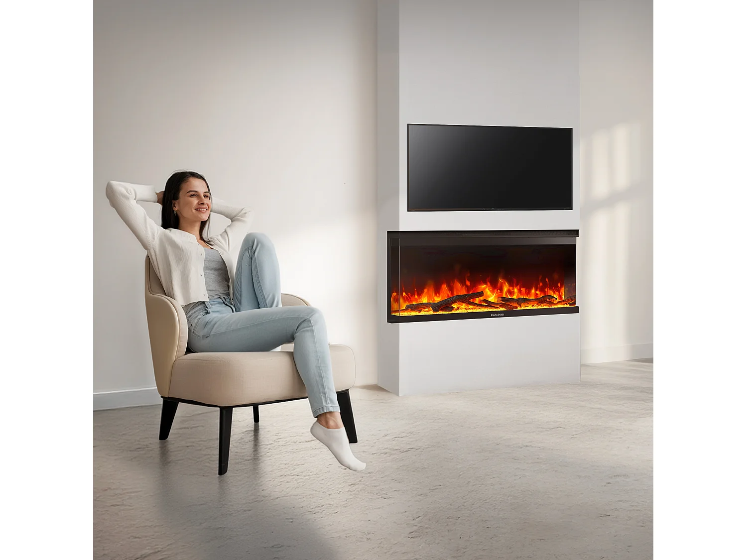 KAMINIO Cheminée électrique LEA - Cheminée 3-en-1 avec vue panoramique, chauffage, effet de flamme, 12 couleurs de flammes, télécommande - 36 pouces