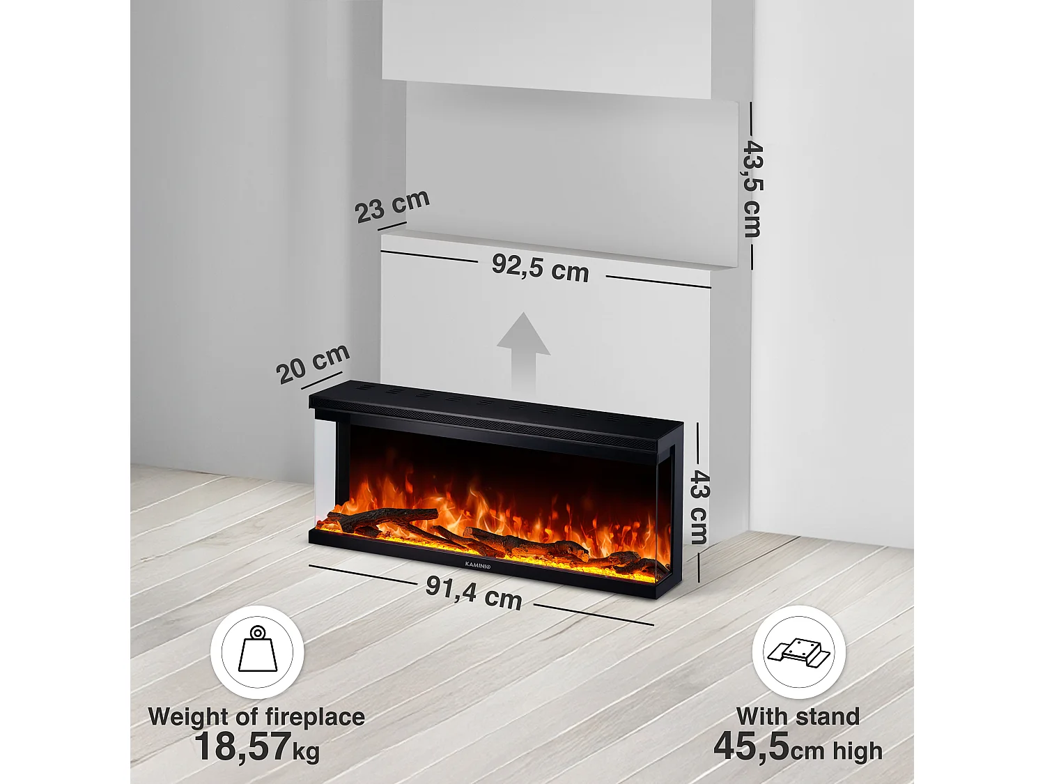 KAMINIO Cheminée électrique LEA - Cheminée 3-en-1 avec vue panoramique, chauffage, effet de flamme, 12 couleurs de flammes, télécommande - 36 pouces