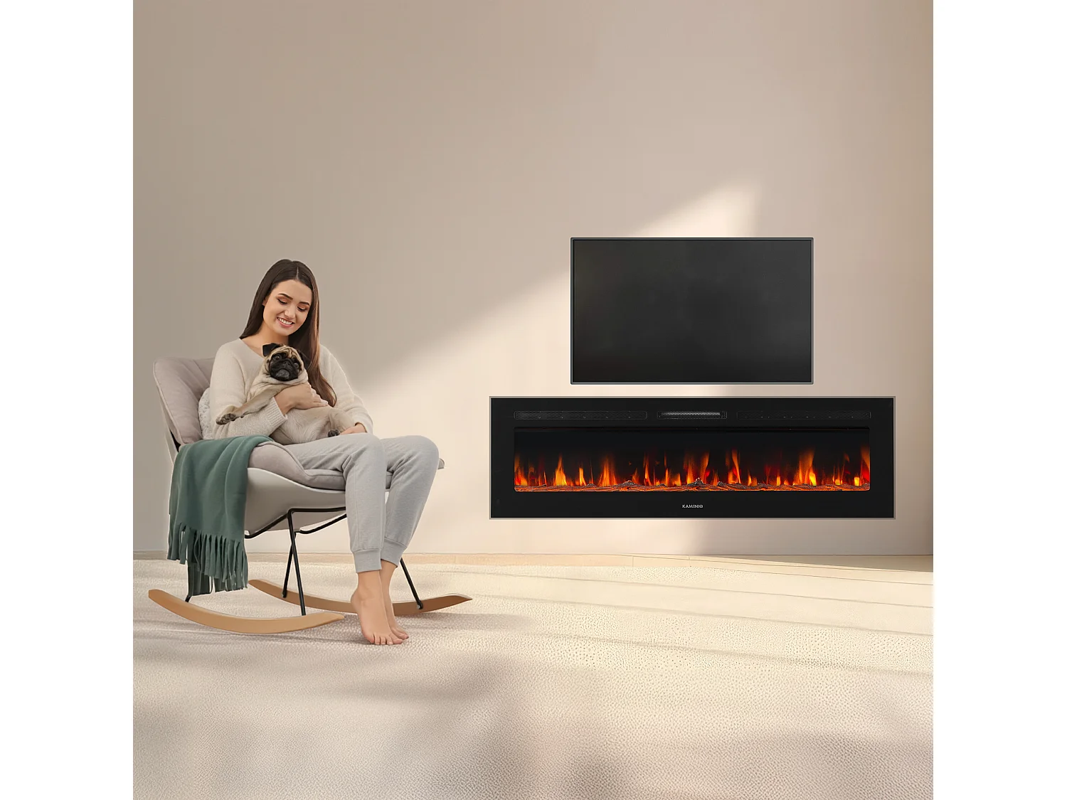 KAMINIO Cheminée électrique MARLON - Cheminée électrique 3 en 1 avec chauffage, effet flamme 3D, 12 couleurs de flamme, télécommande - 70 pouces