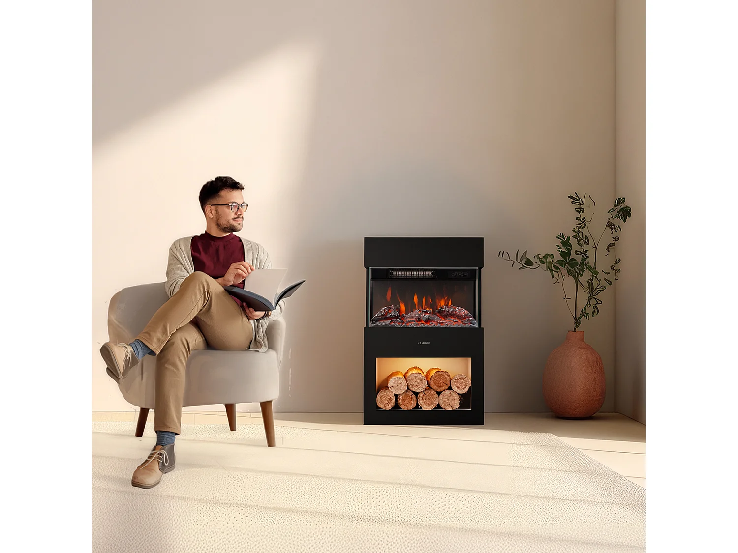 KAMINIO Cheminée électrique HENRI - Poêle électrique avec Chauffage, Effet de Flamme 3D, lumière d'ambiance LED, Casier à Bois, télécommande - Noir