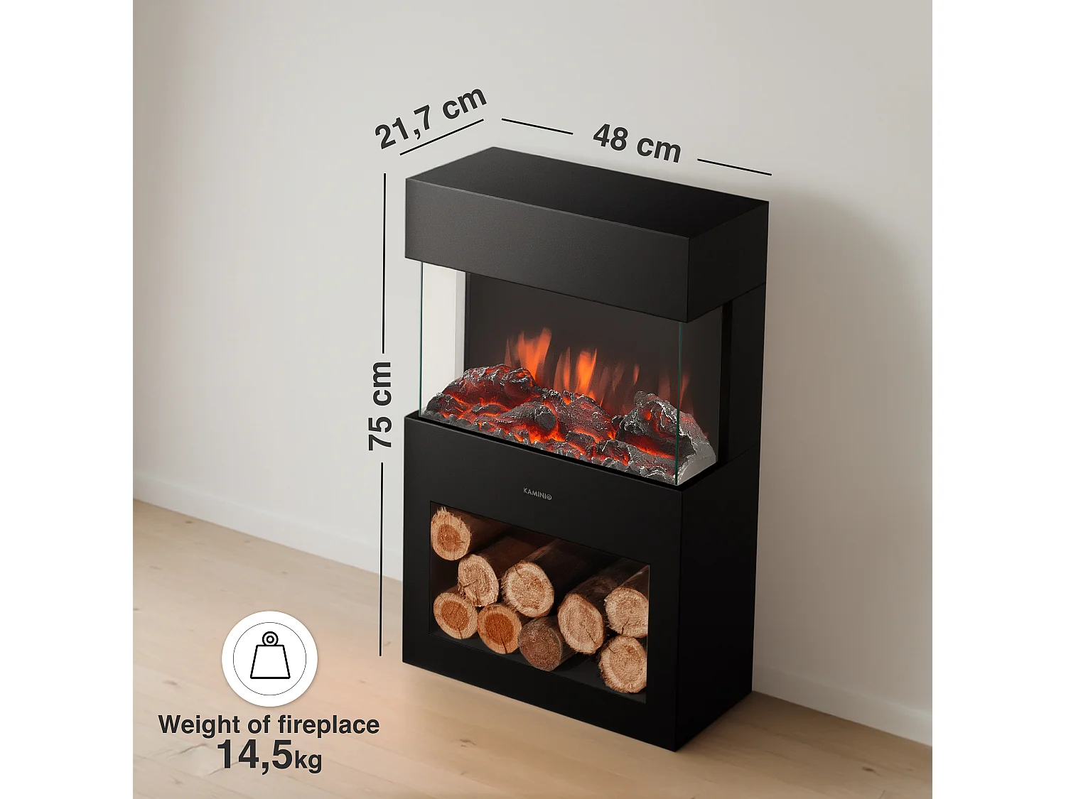 KAMINIO Cheminée électrique HENRI - Poêle électrique avec Chauffage, Effet de Flamme 3D, lumière d'ambiance LED, Casier à Bois, télécommande - Noir