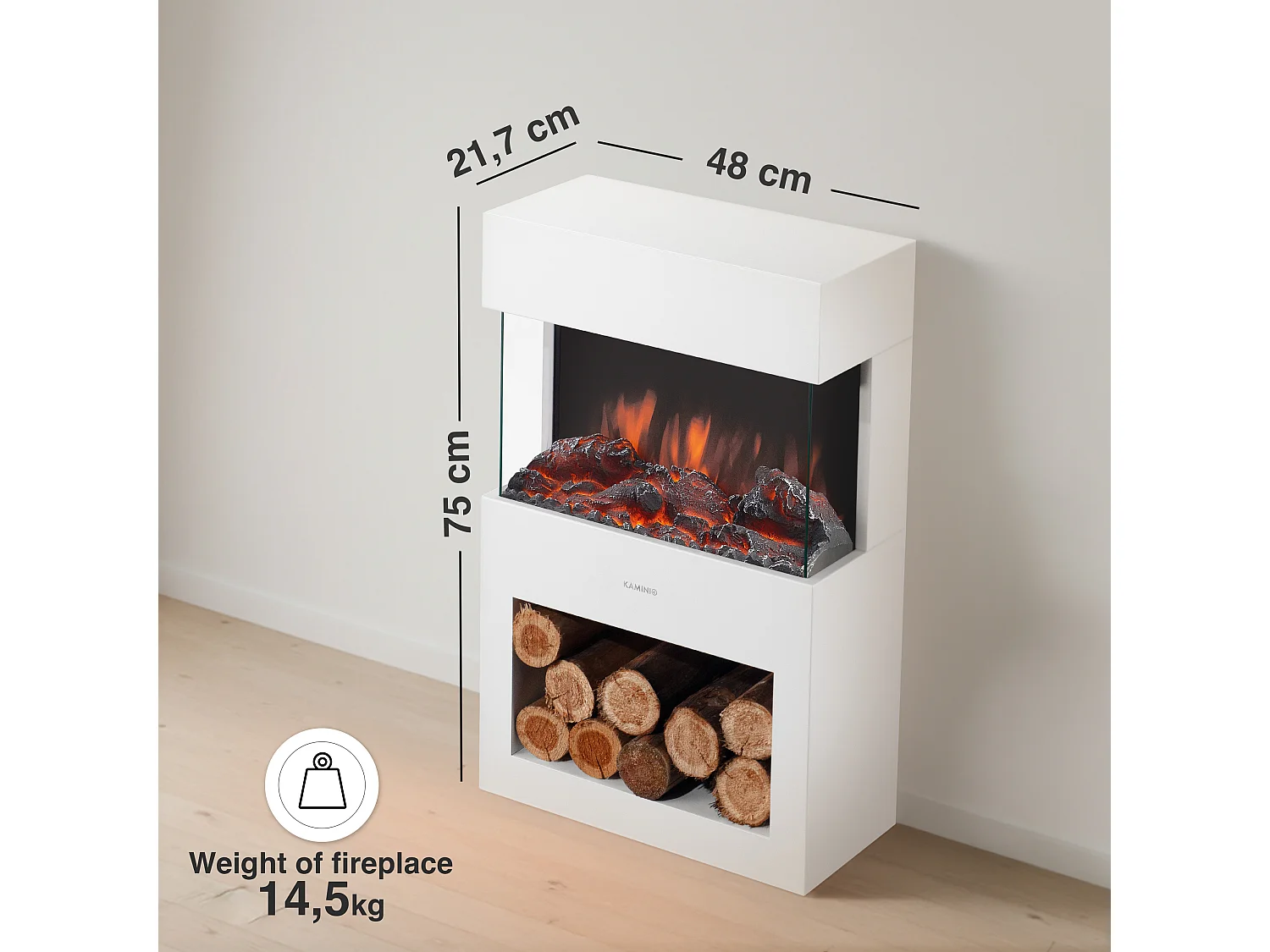 KAMINIO Cheminée électrique HENRI - Poêle électrique avec Chauffage, Effet de Flamme 3D, lumière d'ambiance LED, Casier à Bois, télécommande - Blanc