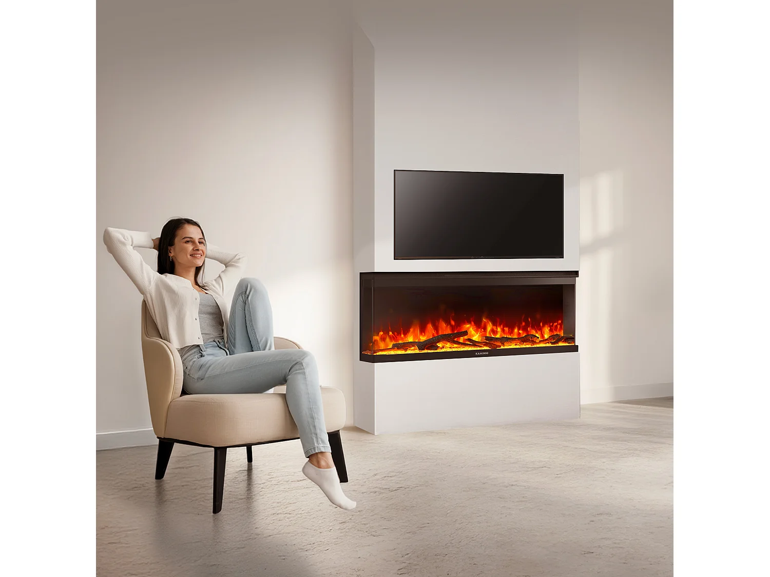 KAMINIO Cheminée électrique LEA - Cheminée 3-en-1 avec vue panoramique, chauffage, effet de flamme, 12 couleurs de flammes, télécommande - 50 pouces