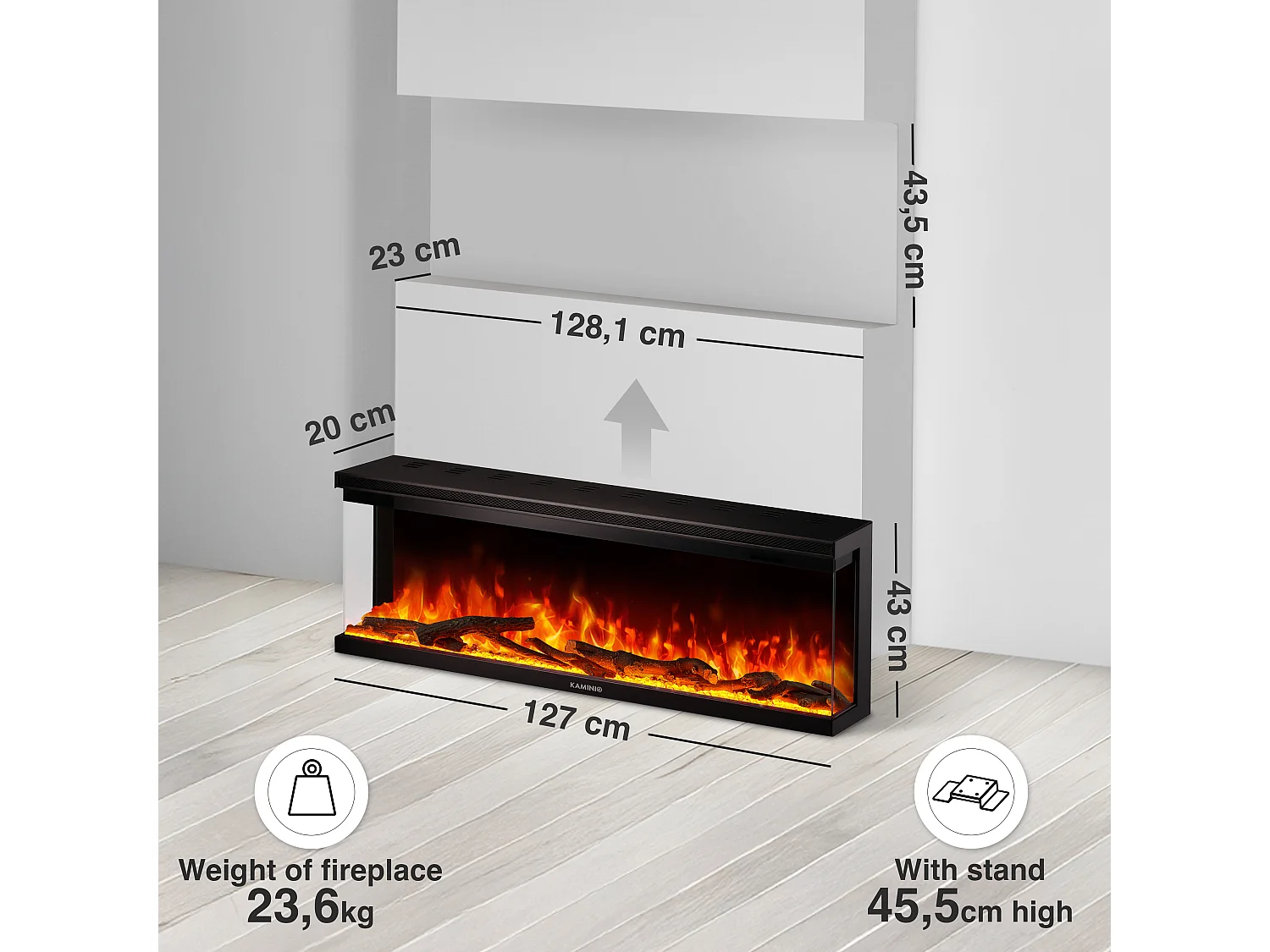 KAMINIO Cheminée électrique LEA - Cheminée 3-en-1 avec vue panoramique, chauffage, effet de flamme, 12 couleurs de flammes, télécommande - 50 pouces