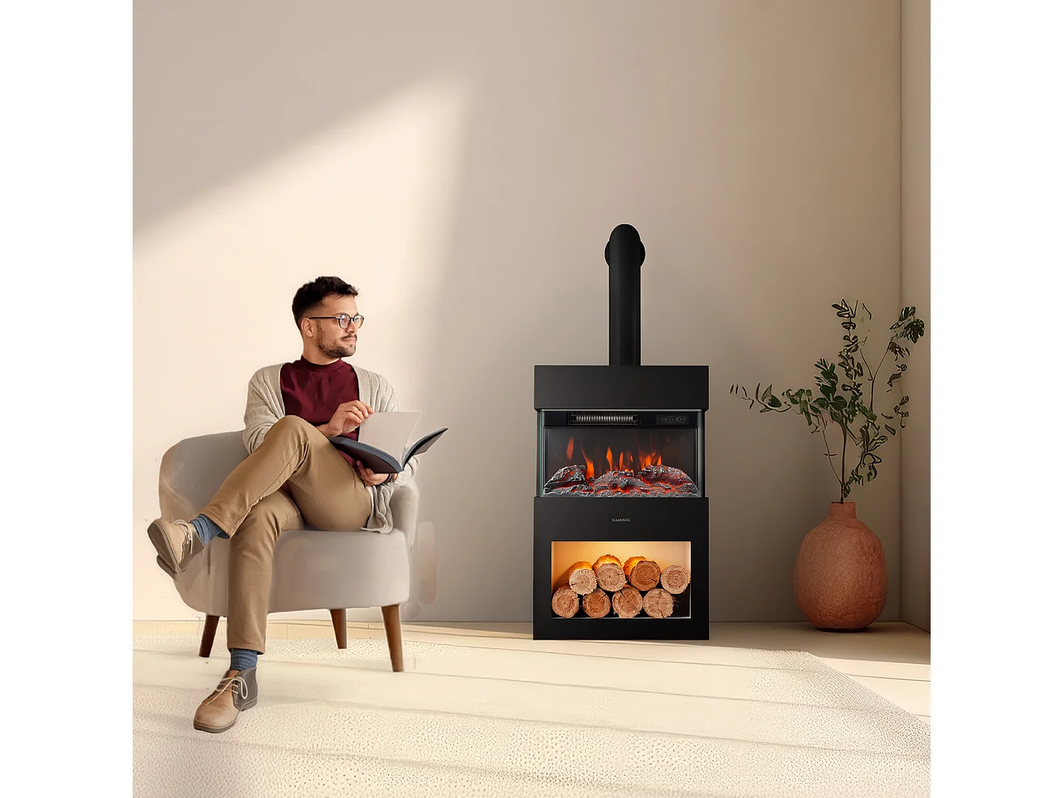 KAMINIO HENRI Elektrische Haard met Rookkanaal - Elektrische Haard met Verwarming, 3D Vlammeneffect, LED Sfeerverlichting, Houtopslag, Afstandsbediening - Zwart