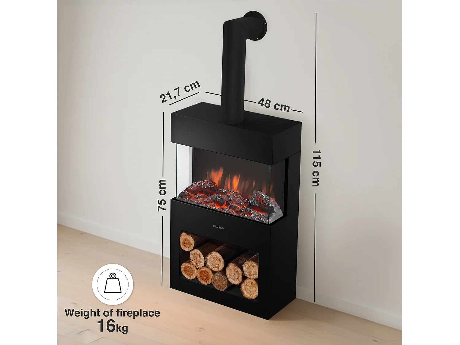 KAMINIO HENRI Elektrische Haard met Rookkanaal - Elektrische Haard met Verwarming, 3D Vlammeneffect, LED Sfeerverlichting, Houtopslag, Afstandsbediening - Zwart