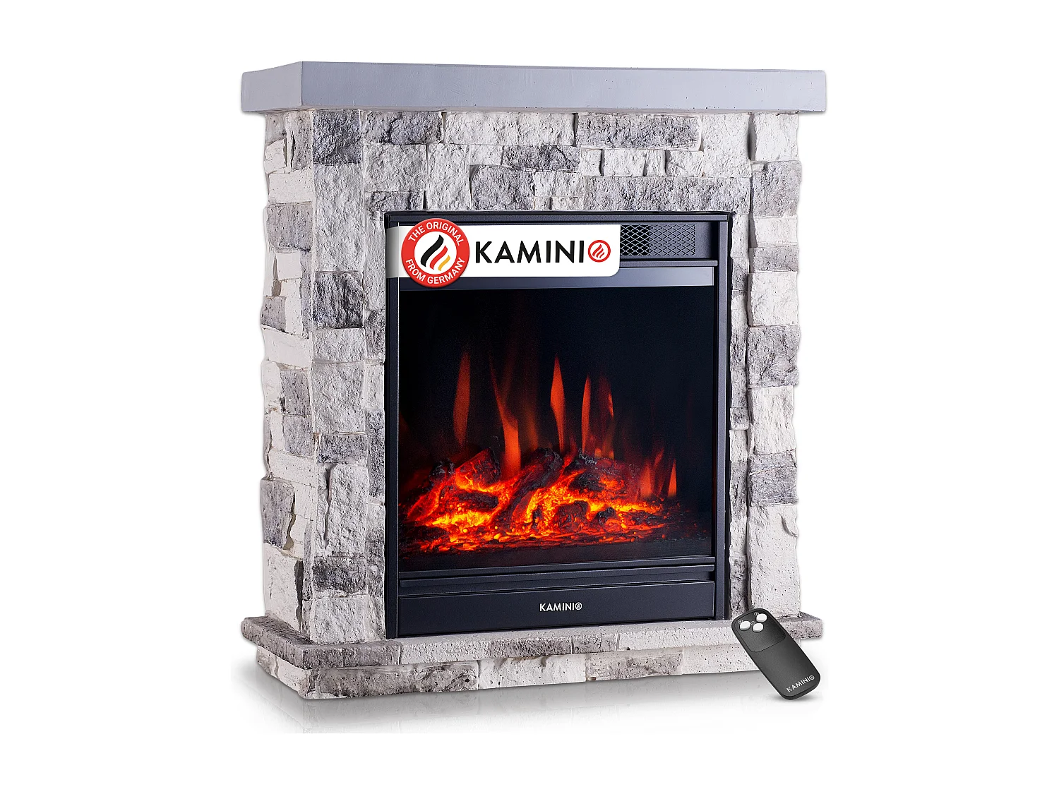 KAMINIO Cheminée électrique JUAN - Cheminée électrique sur pied aspect pierre avec chauffage, effet flammes 3D, télécommande - Gris