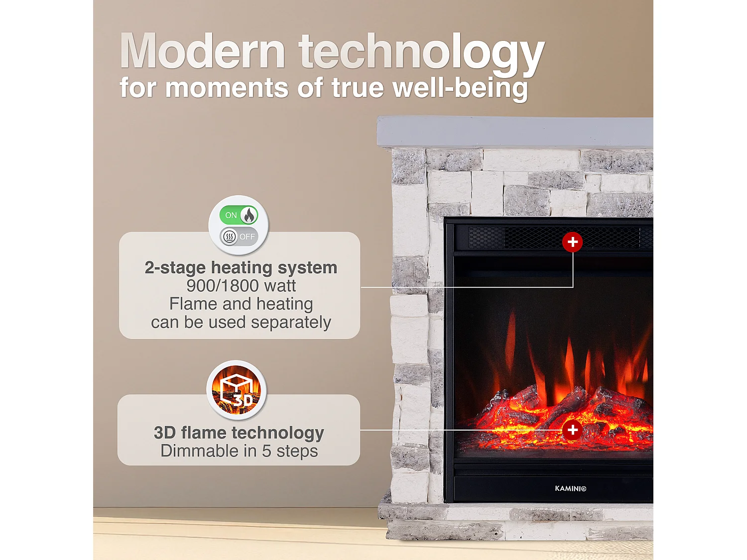 KAMINIO Cheminée électrique JUAN - Cheminée électrique sur pied aspect pierre avec chauffage, effet flammes 3D, télécommande - Gris
