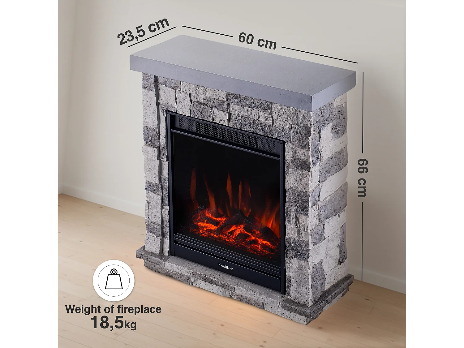 KAMINIO Cheminée électrique JUAN - Cheminée électrique sur pied aspect pierre avec chauffage, effet flammes 3D, télécommande - Gris