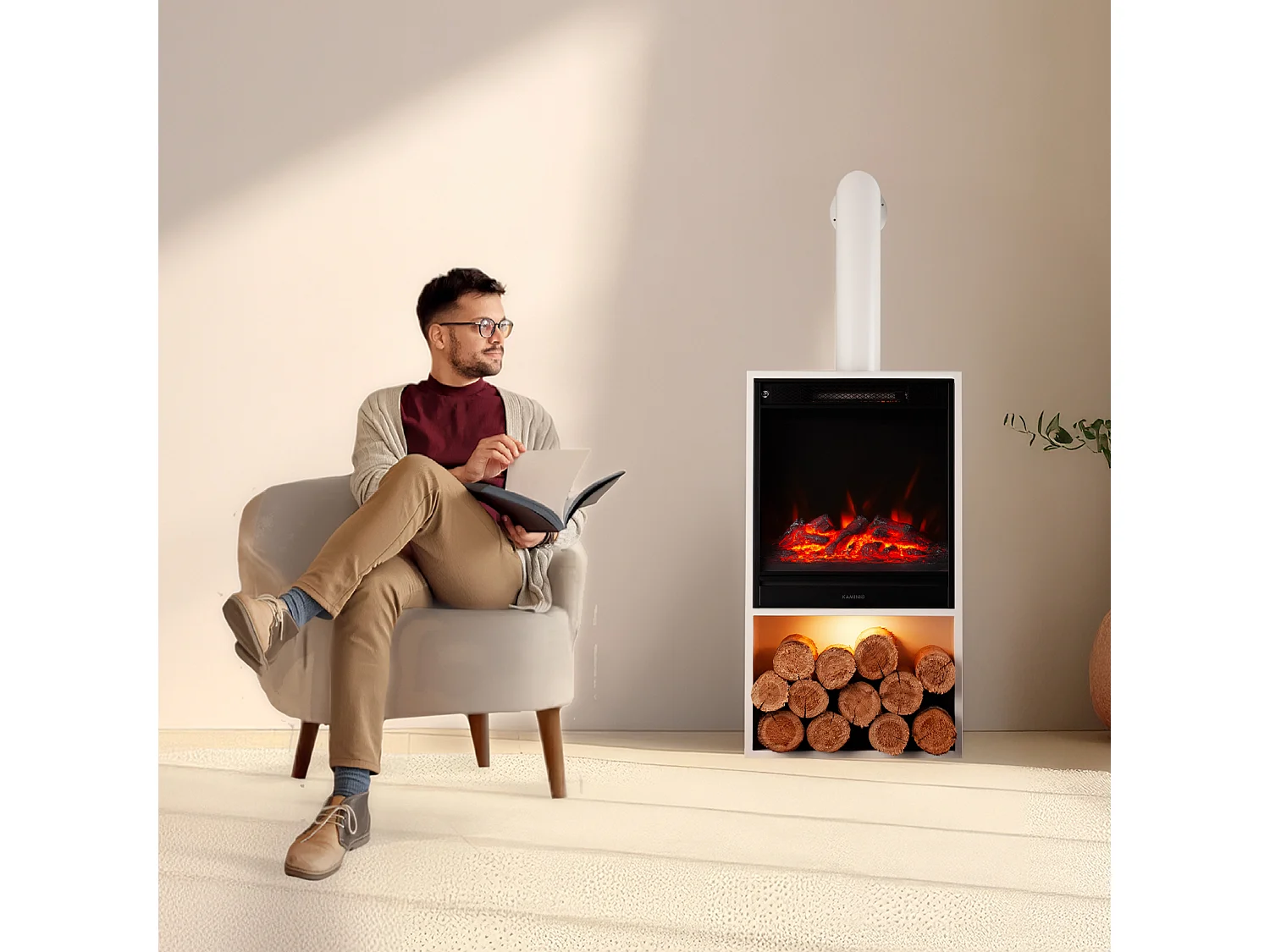 KAMINIO HUGO elektrische haard met rookkanaal - Elektrische haard met verwarming, 3D-vlameffect, LED-sfeerverlichting, houtopslagvak en afstandsbediening - Wit