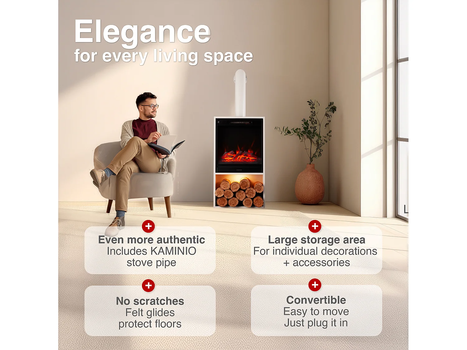 KAMINIO HUGO elektrische haard met rookkanaal - Elektrische haard met verwarming, 3D-vlameffect, LED-sfeerverlichting, houtopslagvak en afstandsbediening - Wit