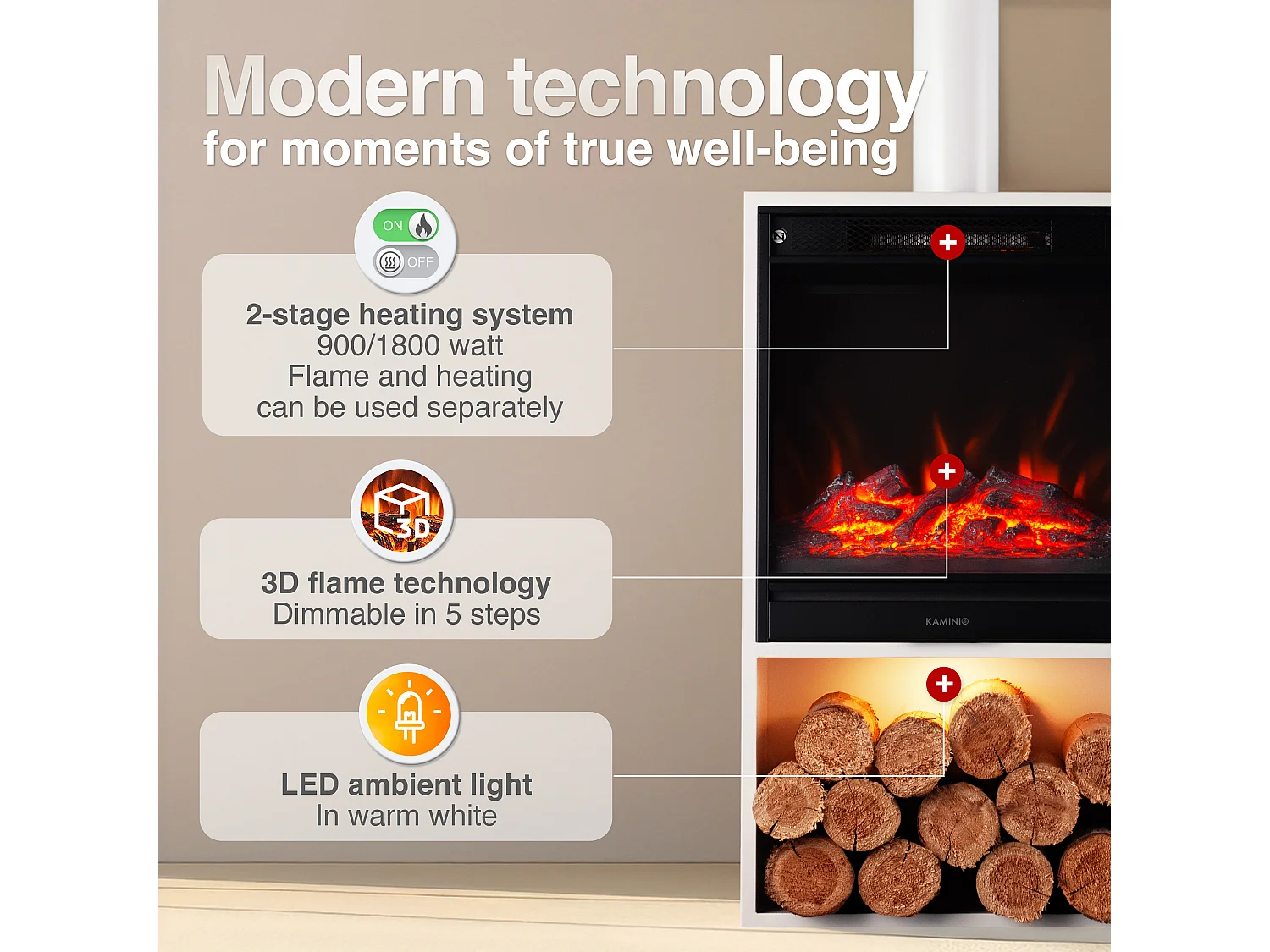 KAMINIO HUGO elektrische haard met rookkanaal - Elektrische haard met verwarming, 3D-vlameffect, LED-sfeerverlichting, houtopslagvak en afstandsbediening - Wit