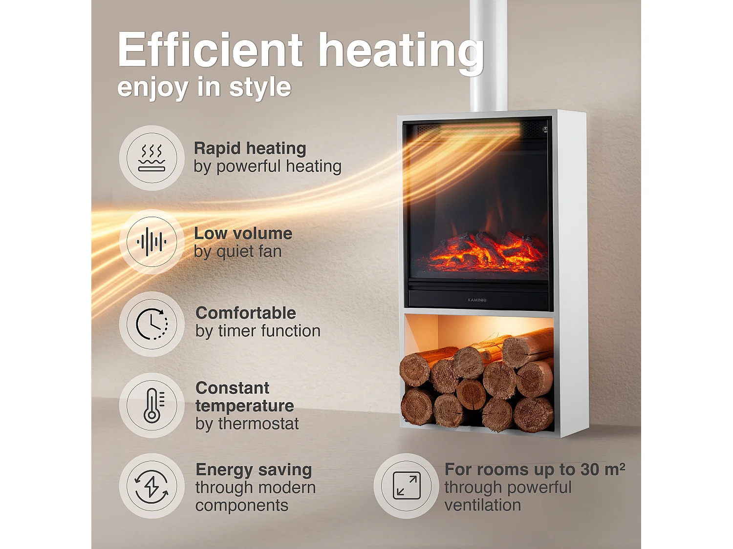 KAMINIO HUGO elektrische haard met rookkanaal - Elektrische haard met verwarming, 3D-vlameffect, LED-sfeerverlichting, houtopslagvak en afstandsbediening - Wit