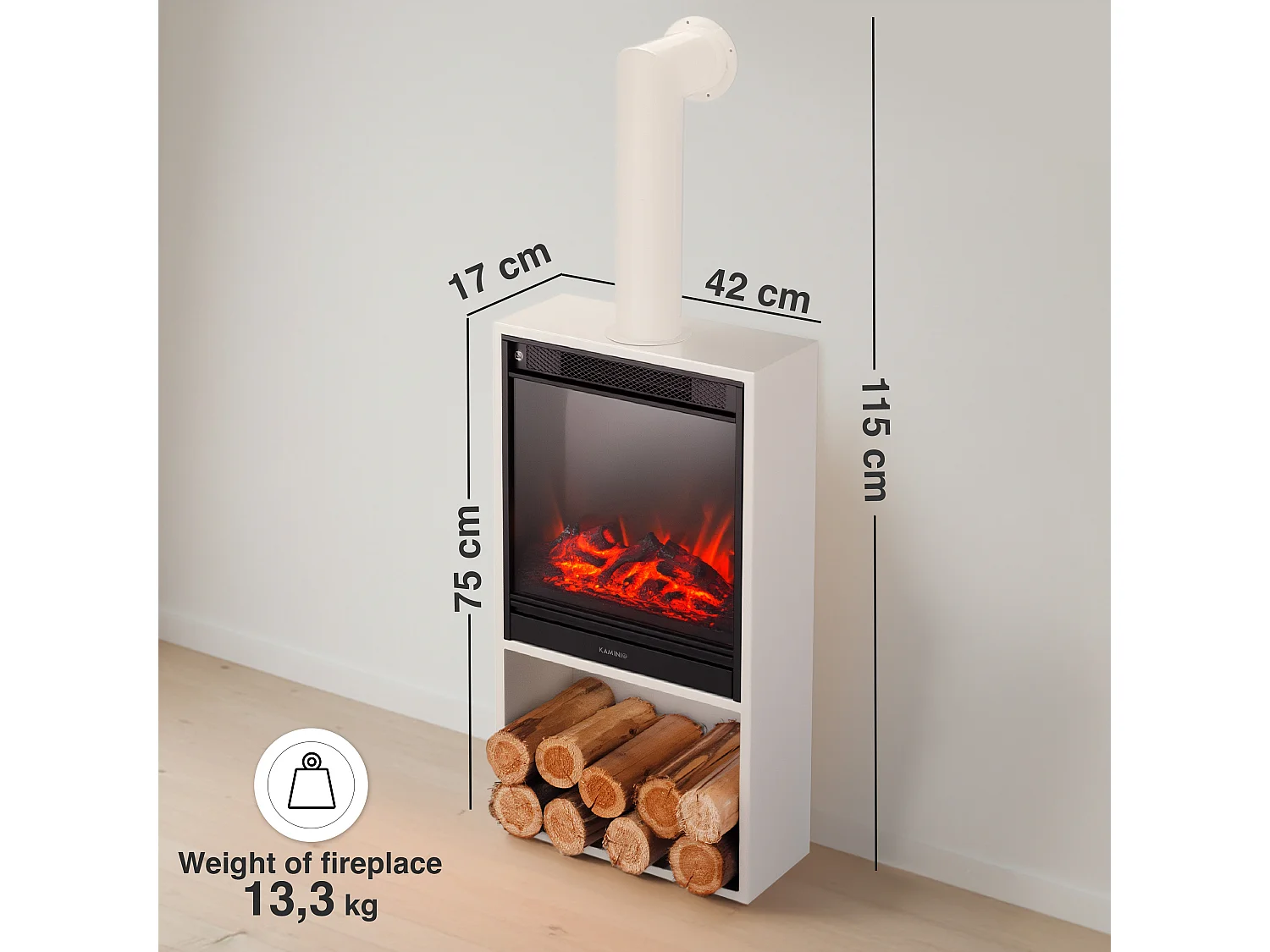 KAMINIO HUGO elektrische haard met rookkanaal - Elektrische haard met verwarming, 3D-vlameffect, LED-sfeerverlichting, houtopslagvak en afstandsbediening - Wit