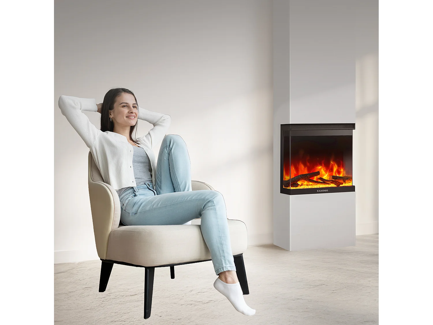KAMINIO Cheminée électrique LEA - Cheminée 3-en-1 avec vue panoramique, chauffage, effet de flamme, 12 couleurs de flammes, télécommande - 24 pouces