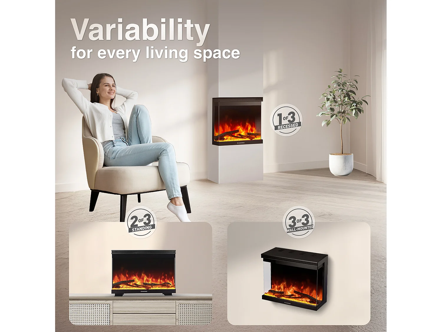 KAMINIO Cheminée électrique LEA - Cheminée 3-en-1 avec vue panoramique, chauffage, effet de flamme, 12 couleurs de flammes, télécommande - 24 pouces